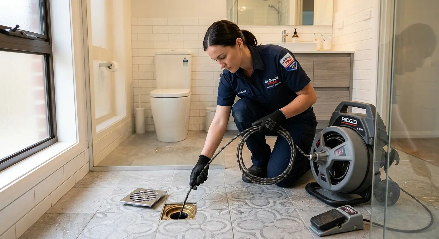 Technician clearing a bathroom floor drain for Drain Cleaning in Richfield